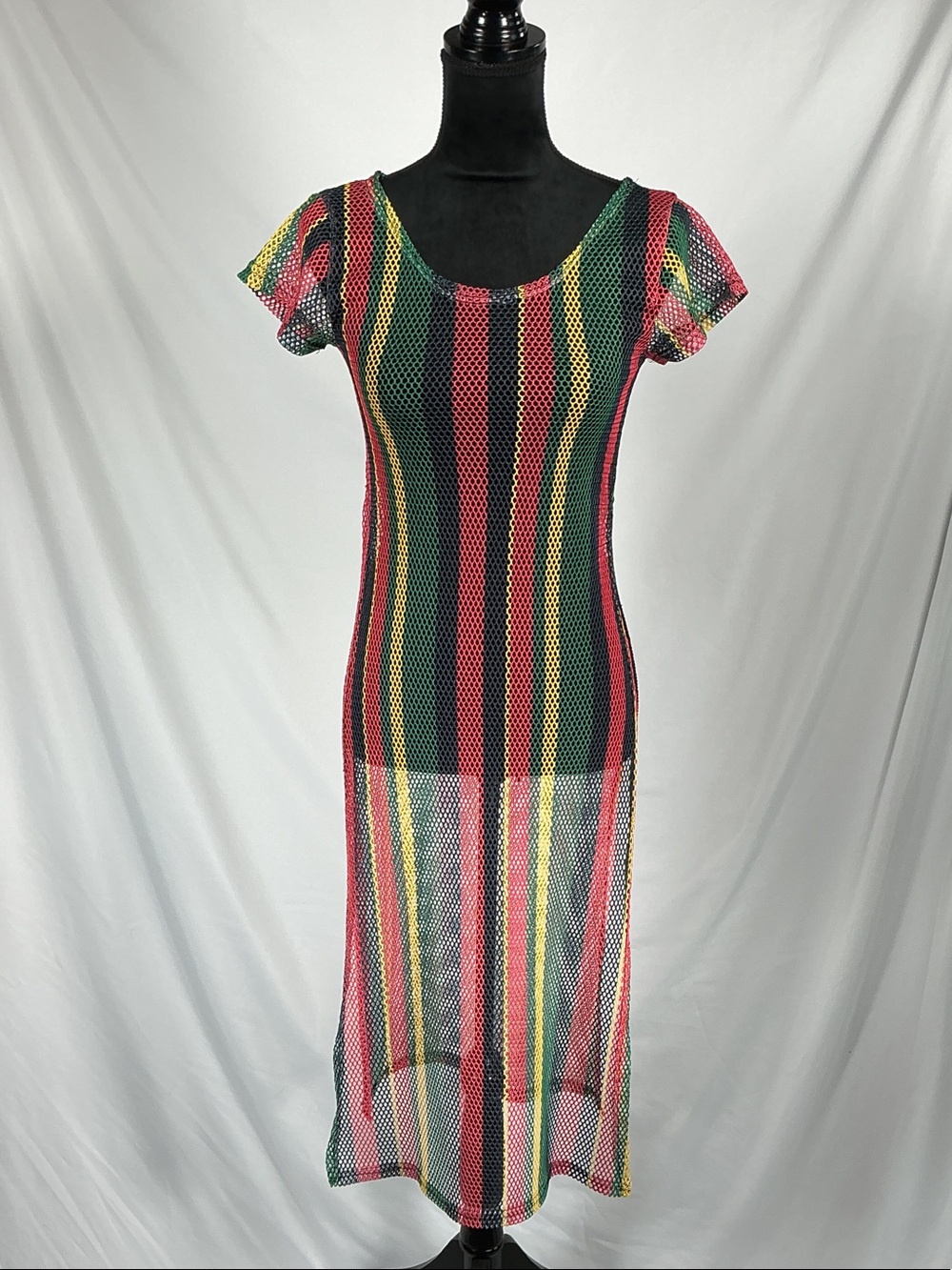 Cacia Striped Mesh Maxi Swim Coverup Dress Festival Boho Rasta Reggae Size S